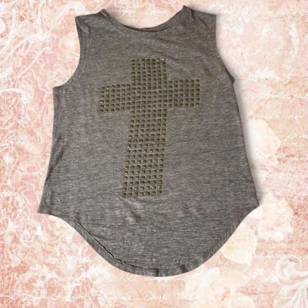 Ransom Grunge Punk Cross with Brass Studs Grey Tank Top